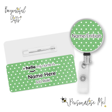 #hello my name is... Name Badge & Metal ID Reel - Green & White Polka Dots