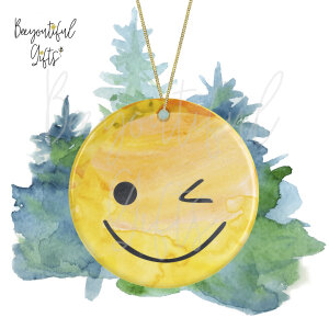 Watercolour Emoji Ceramic Christmas Tree Decoration - Winking