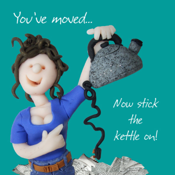 Holy Mackerel put the kettle on new home card for him or her - designed by artist Erica Sturla - 15cm square and blank inside for your message - made in the UK