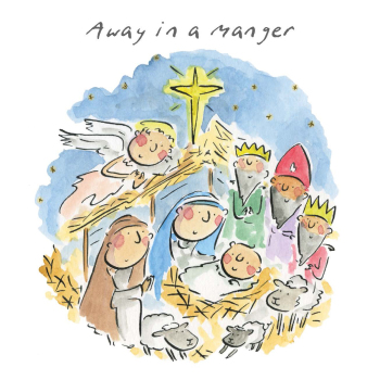Away in a manger, a 150mm square festive Christmas greetings card featuring Rosie Brooks artwork, message inside reads Merry Christmas