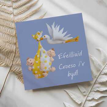 Welsh new baby card for twins - stork art card by Erica Sturla - UK made