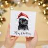 Fun Christmas Card of a Black Cat Wearing A Santa Hat Whimsical Watercolour Christmas Card For Animal Lover For Him or Her - Square (5.5x5.5) / Blank Inside