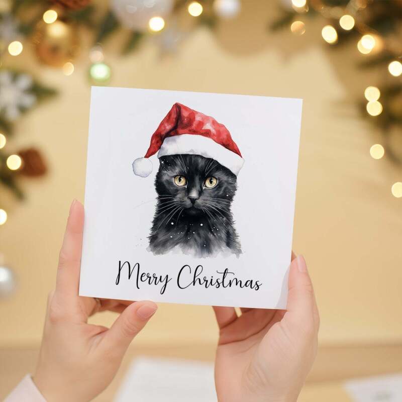 Fun Christmas Card of a Black Cat Wearing A Santa Hat Whimsical Watercolour Christmas Card For Animal Lover For Him or Her - Square (5.5x5.5) / Blank Inside