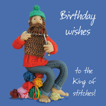 Holy Mackerel Male knitting themed birthday card by Erica Sturla, for Dad, brother, son or a male friend who knits 150mm square and blank inside