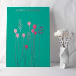 Happy birthday card with a pretty pink foil poppyheads and grass print - designed by artist Eloise Hall - 15.7 x 11cm and blank inside