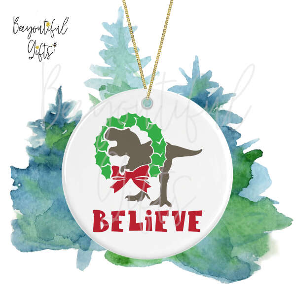 Ceramic Christmas Tree Decoration - Dinosaur Believe Christmas