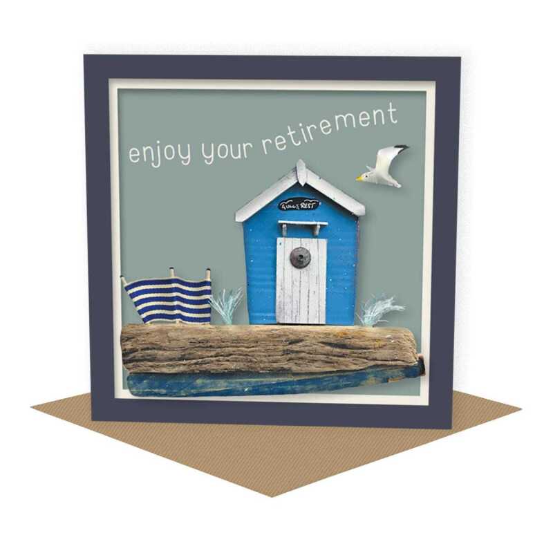 Gulls rest - quayside beach hut themed retirement card - designed by Seth Draper - 15cm square and blank inside, made in the UK