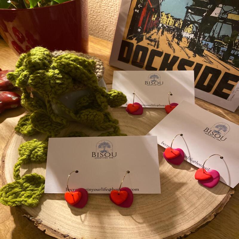 Handmade Polymer Clay Heart Hoop Earrings &ndash; Red & Hot Pink