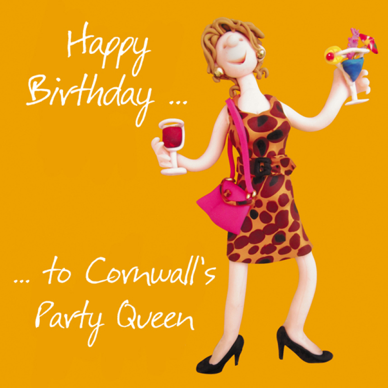 Cornwall's Party Queen Birthday Greetings Card, Designed by Erica Sturla for Holy Mackerel. Card is 150mm Square and Blank Inside.