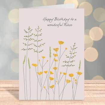 Buttercups and grass niece birthday card -  designed by Eloise Hall for Holy Mackerel - 15.7 x 11cm and blank inside, made in the UK