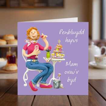 Welsh birthday card for mum - prosecco and cake art card by Erica Sturla - UK made