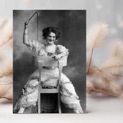 Lady with whip - vintage black and white themed card featuring Lily Elsie actress & singer - 12.6 x 17.7cm and blank inside - made in the UK