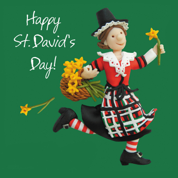 Holy Mackerel Happy St Davids Day Welsh lady card by Erica Sturla, 150mm square and blank inside