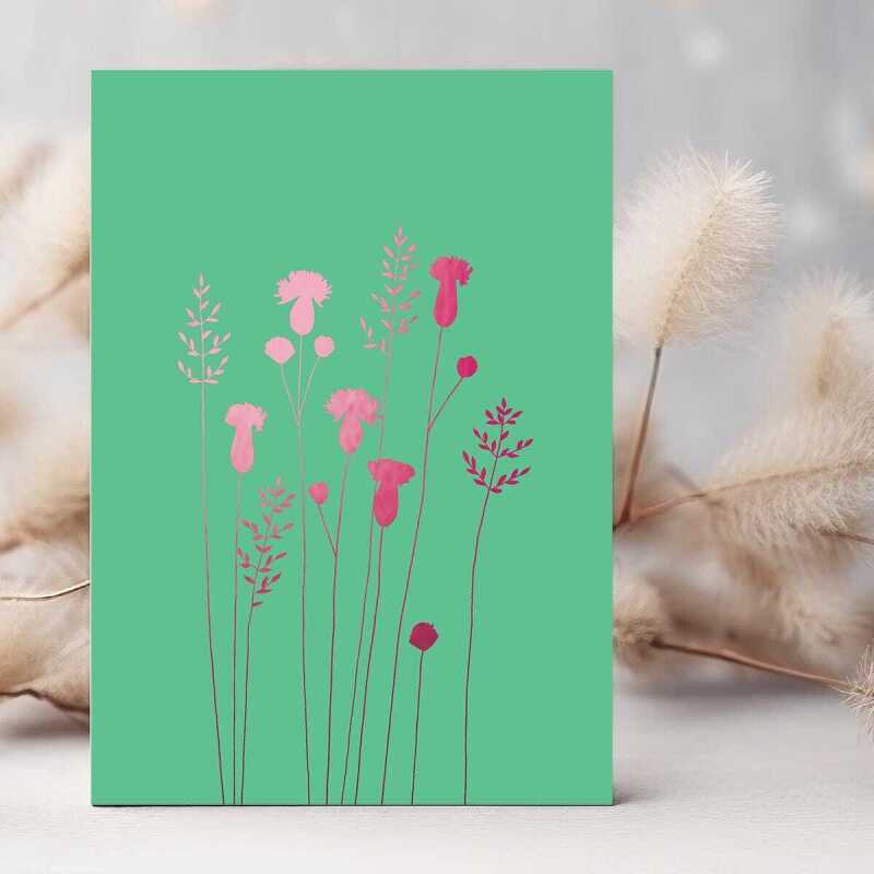 Thistles and grass blank card with a pretty pink foil print - designed by artist Eloise Hall - 15.7 x 11cm and blank inside
