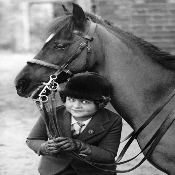 Holy Mackerel before the gymkhana retro black and white photographic card featuring a vintage image of a young rider and her horse - 12.6 x 17.7cm and blank inside