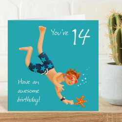 14th birthday card for him - designed by Erica Sturla - 15cm square and blank inside, made in the UK