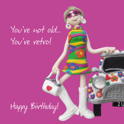 Holy Mackerel you're not old you're retro groovy female birthday card for her - designed by artist Erica Sturla - 15cm square and blank inside for your message - made in the UK