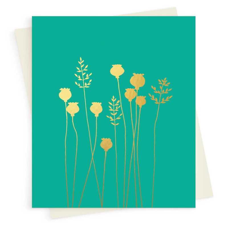 Poppyheads and grass greeting card embellished with gold foil -  designed by artist Eloise Hall - 15.7 x 11cm and blank inside