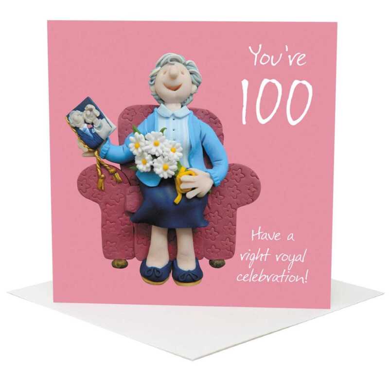 Right royal celebration, female 100th birthday card for her - designed by Erica Sturla - 15cm square and blank inside, made in the UK