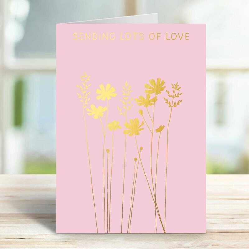 Lots of love greeting card embellished with a gold foil cosmos print  -  designed by artist Eloise Hall - 15.7 x 11cm and blank inside