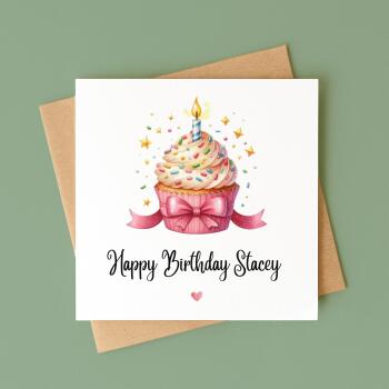 Personalised birthday card pink cupcake candle bow handmade greeting for her or him