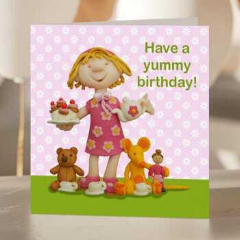 Yummy birthday - girl's birthday tea party card designed by Erica Sturla - 15cm square and blank inside, made in the UK