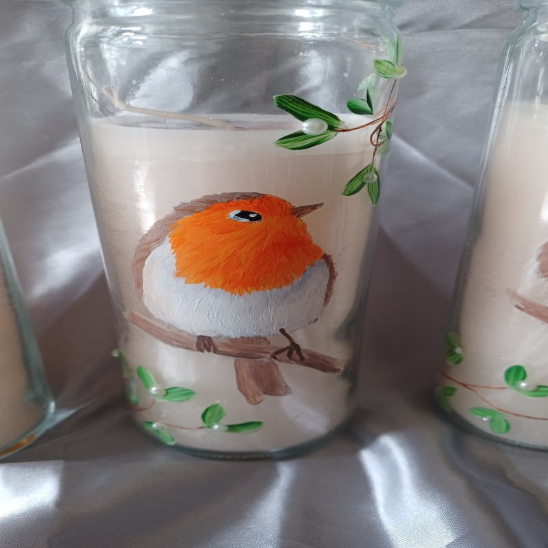 Hand Painted Christmas Robin Candles Memorial