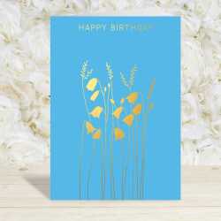 Happy birthday card with a pretty gold foil harebells print - designed by artist Eloise Hall - 15.7 x 11cm and blank inside