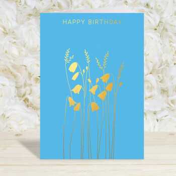 Happy birthday card with a pretty gold foil harebells print - designed by artist Eloise Hall - 15.7 x 11cm and blank inside