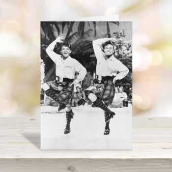 Bing & Bob in kilts, photographic black and white dancing themed card - 12.6 x 17.7cm and blank inside - made in the UK