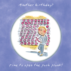 Holy Mackerel Posh plonk, a 15cm square wine themed birthday card featuring Rosie Brooks artwork, blank inside for your message