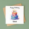 Personalised birthday card custom with vibrant two-tiered cake, colourful icing, lit candles, watercolour - Smooth No Message - Kraft Brown