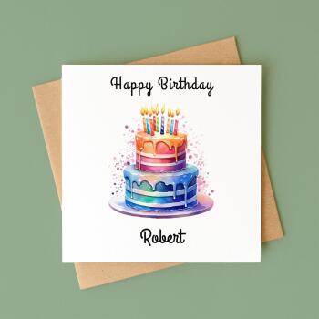 Personalised birthday card custom with vibrant two-tiered cake, colourful icing, lit candles, watercolour
