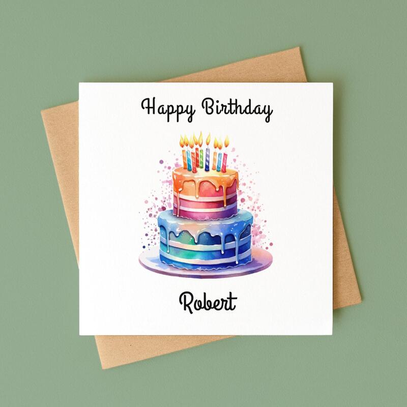 Personalised birthday card custom with vibrant two-tiered cake, colourful icing, lit candles, watercolour - Smooth No Message - Kraft Brown