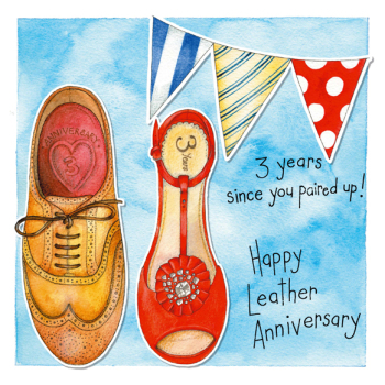 3 years together Leather 3rd Anniversary 150mm square greetings card by artist Kate Brazier