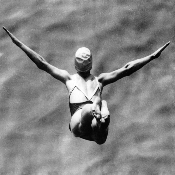 Holy Mackerel swan dive retro black and white photographic card featuring a vintage image of a female diver in flight - 12.6 x 17.7cm and blank inside