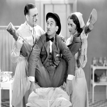 Holy Mackerel an uncomfortable condition retro black and white photographic card featuring a vintage image of a movie still of a man in hospital with doctor and nurse - 12.6 x 17.7cm and blank inside