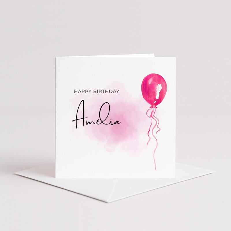 Pink balloon card personalised birthday design custom name script soft greeting - Smooth No Message - Kraft Brown