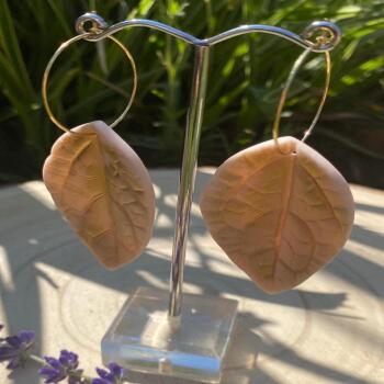 Pink and Gold Leaf Dangle Earrings: Boho Clay Jewelry