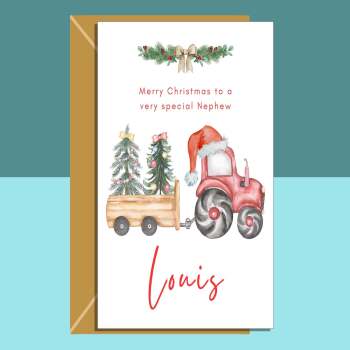 Nephew Tractor Christmas Card - Personalised - Custom Xmas Card for Nephew - Santa and Tractors