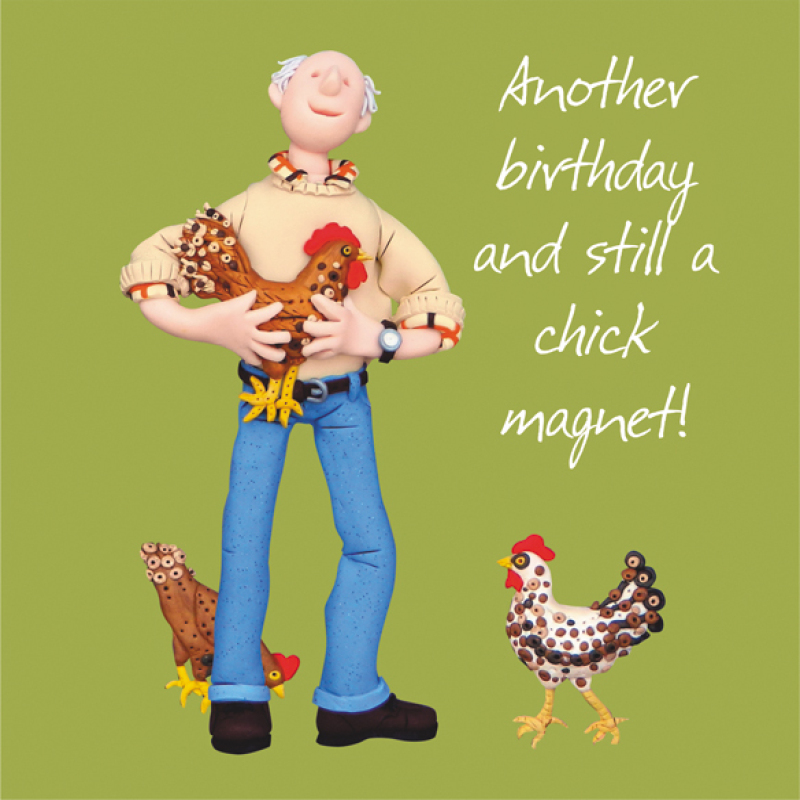 Holy Mackerel Chick Magnet male birthday greetings card designed by Erica Sturla Card is 15cm square and blank inside for your own message