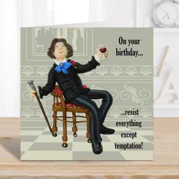 Resist everything except temptation, Oscar Wilde birthday card - designed by Erica Sturla - 15cm square and blank inside, made in the UK
