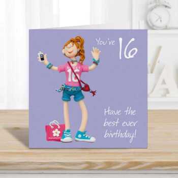 16th birthday card for her - designed by Erica Sturla - 15cm square and blank inside, made in the UK