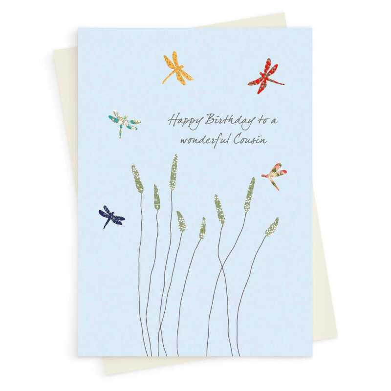 Dragonflies cousin birthday card -  designed by Eloise Hall for Holy Mackerel - 15.7 x 11cm and blank inside, made in the UK
