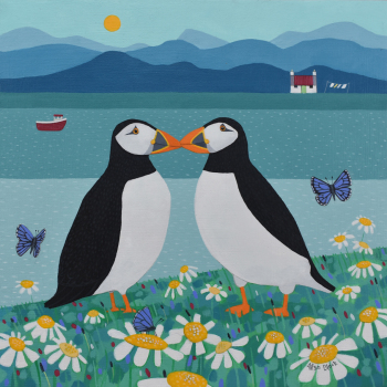 Holy Mackerel it started with a kiss puffin themed art card for him or her - designed by artist Ailsa Black - 15cm square and blank inside for your message