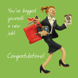 Holy Mackerel Female new job card, an Erica Sturla 15cm square greetings card from, for wife, daughter, sister, friend etc. Blank inside for your message
