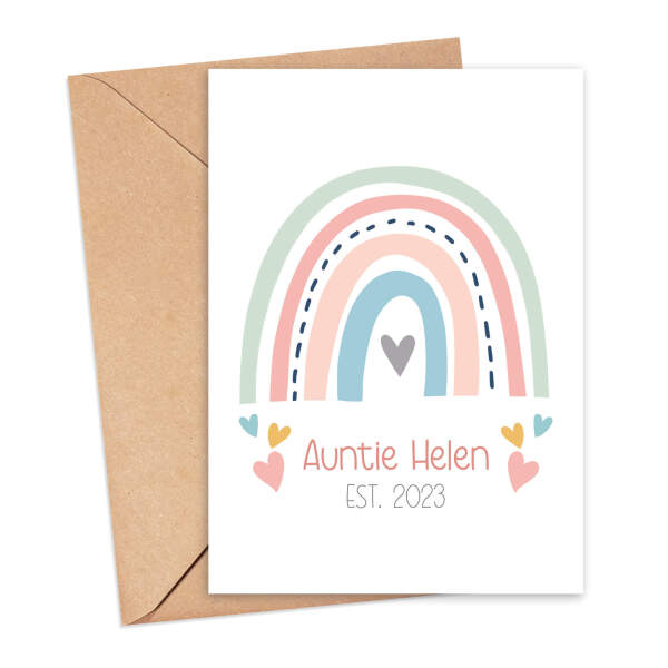 Personalised New Baby Card - Auntie Est. Pastel Pink Rainbow - Small (Approx. A6)