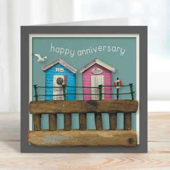 Seaside themed beach hut anniversary card for a couple - designed by Seth Draper - 15cm square and blank inside, made in the UK