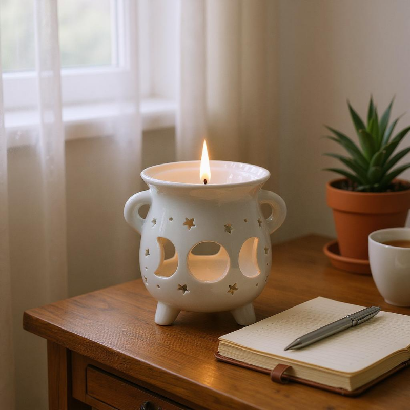 Moon Phase White Cauldron Burner
