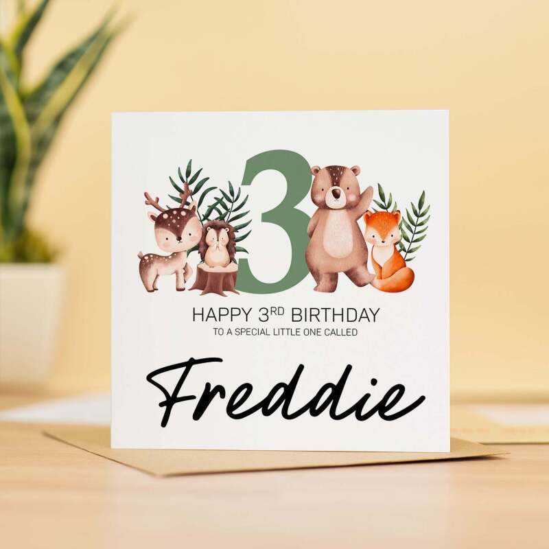 Personalised 3rd Birthday Children's Card Woodland Themed Third Birthday Card For Boy or Girl Three Years Custom Card - Square (5.5x5.5) / Blank Inside